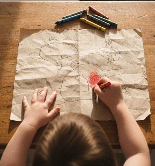 Child sitting at a table creating artwork with crayons.