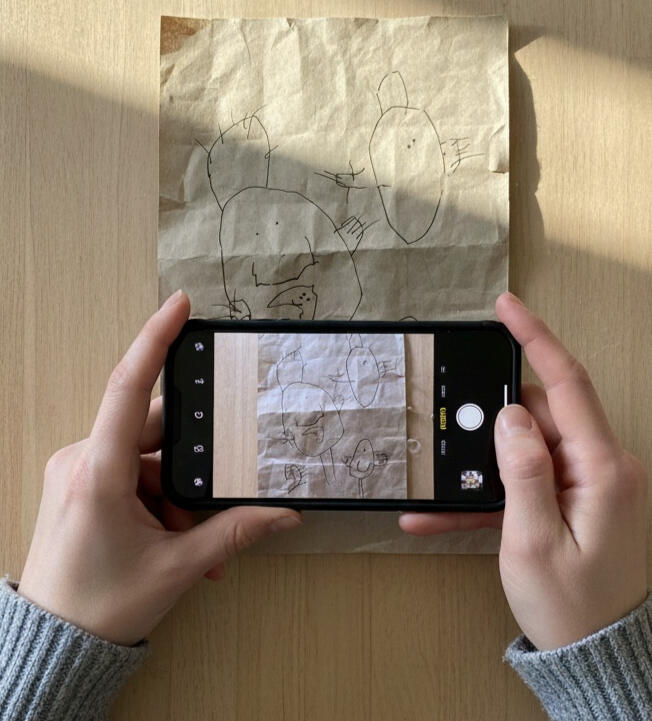 Parent taking a photo of a child’s drawing using a smartphone.