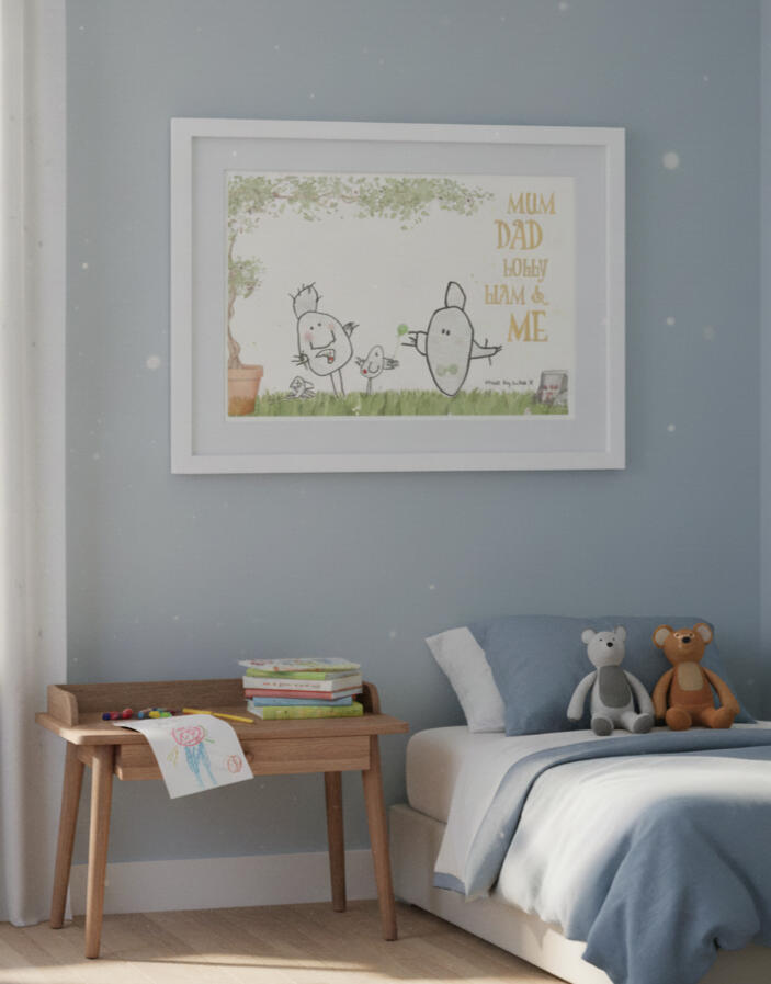 A transformed frame on the wall of the child's artwork.